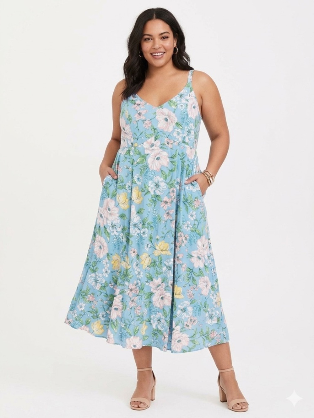 Blue Floral Midi Dress with Pink & Yellow Blooms